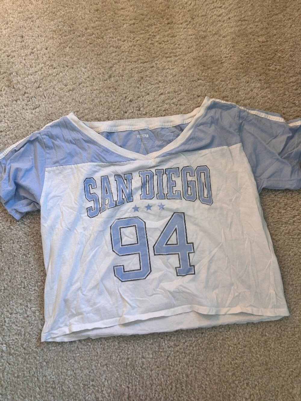 Hollister San Diego 94 Graphic Off Shoulder Top Blue White M